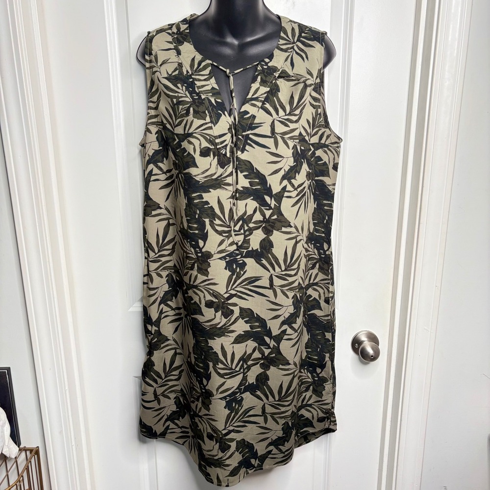 Old Navy Tropical Palm Print Shift Dress Olive Green Boho Resortwear Medium Tall